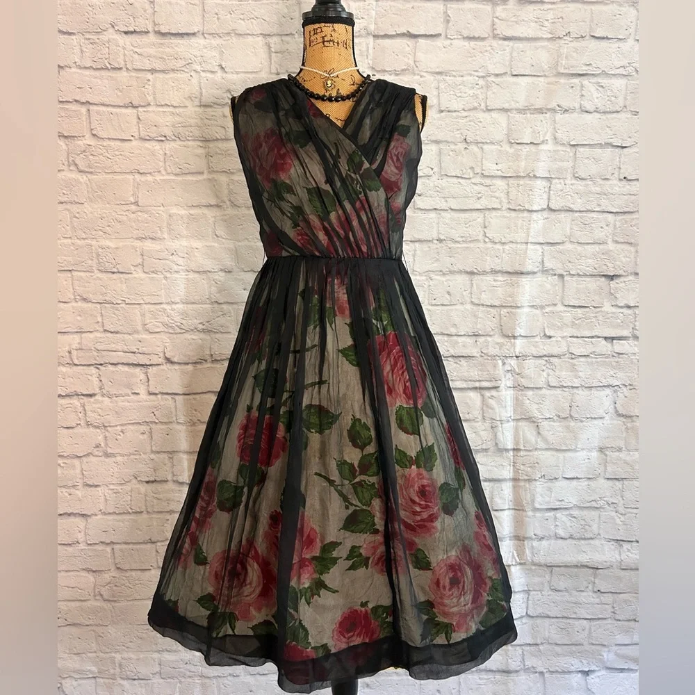 Vintage 50s Dress WOUNDED BIRD Black Pink Floral Midi Evening Formal Party Prom - Picture 3 of 17